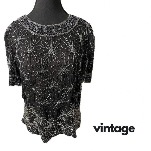 Papell Boutique |  Black Floral Beaded Top | Size XL [164] - Picture 1 of 9